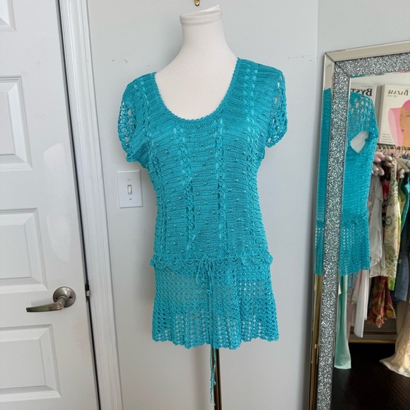 Vintage Fairycore Teal Crochet Swim Cover-Up knit mermaidcore XL - Picture 4 of 8